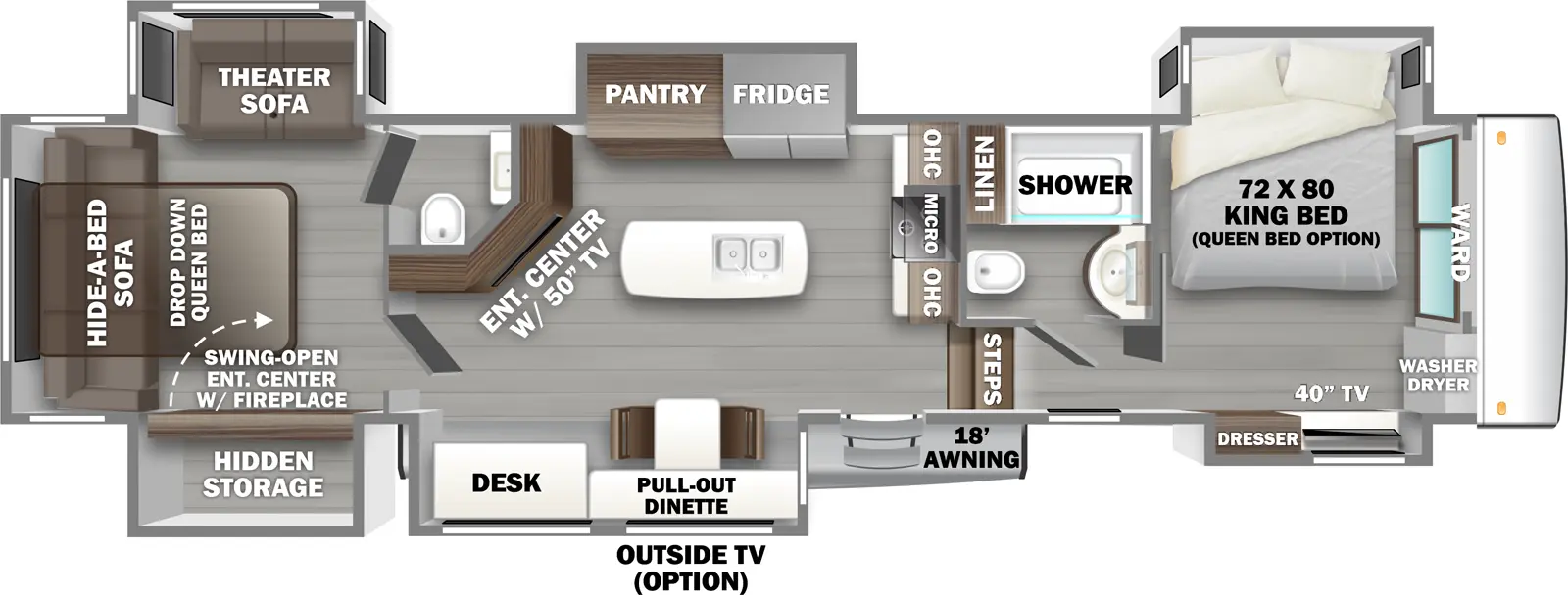 The 442MC has 6 slideouts and one entry. Exterior features an 18 foot awning and and optional outside TV. Interior layout front to back: wardrobe with washer/dryer, off-door side king bed slideout (optional queen bed), and door side slideout with dresser and TV; off-door side full bathroom with linen closet; steps down to main living area and entry; kitchen counter with cooktop, microwave, and overhead cabinets along inner wall; kitchen island with sink; off-door side slideout with refrigerator and pantry; door side slideout with pull-out dinette and desk; angled entertainment center with TV along inner wall; rear room with half-bath, off-door side theater sofa slideout, door side slideout with hidden storage behind a swing-open entertainment center with fireplace, and rear hide-a-bed sofa with drop down queen bed.